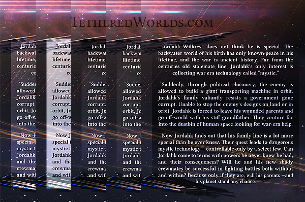 Keeping it real (readable). I wanted a little color and flavor on the back cover blurb letters. Not just plain white. But readability had to come first. In the end the dark background frame worked well, fading out before the ships.